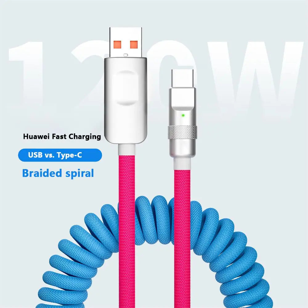 Cable de carga rápida de 120 W, retráctil, de aleación de aluminio, PD, cable de datos USB C para Samsung Galaxy, OPPO, Xiaomi, Huawei, 2 m