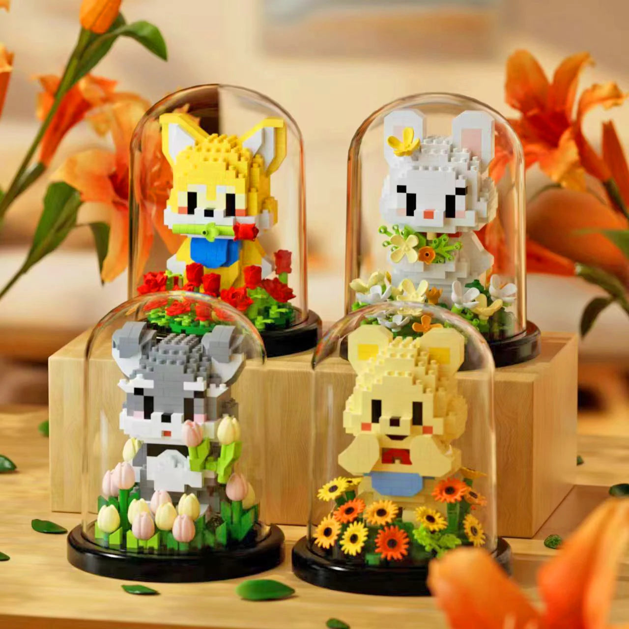 Animal potted plant assembly block with dust cover, sunflower rose flower block, puppy eternal flower assembly ornament toy