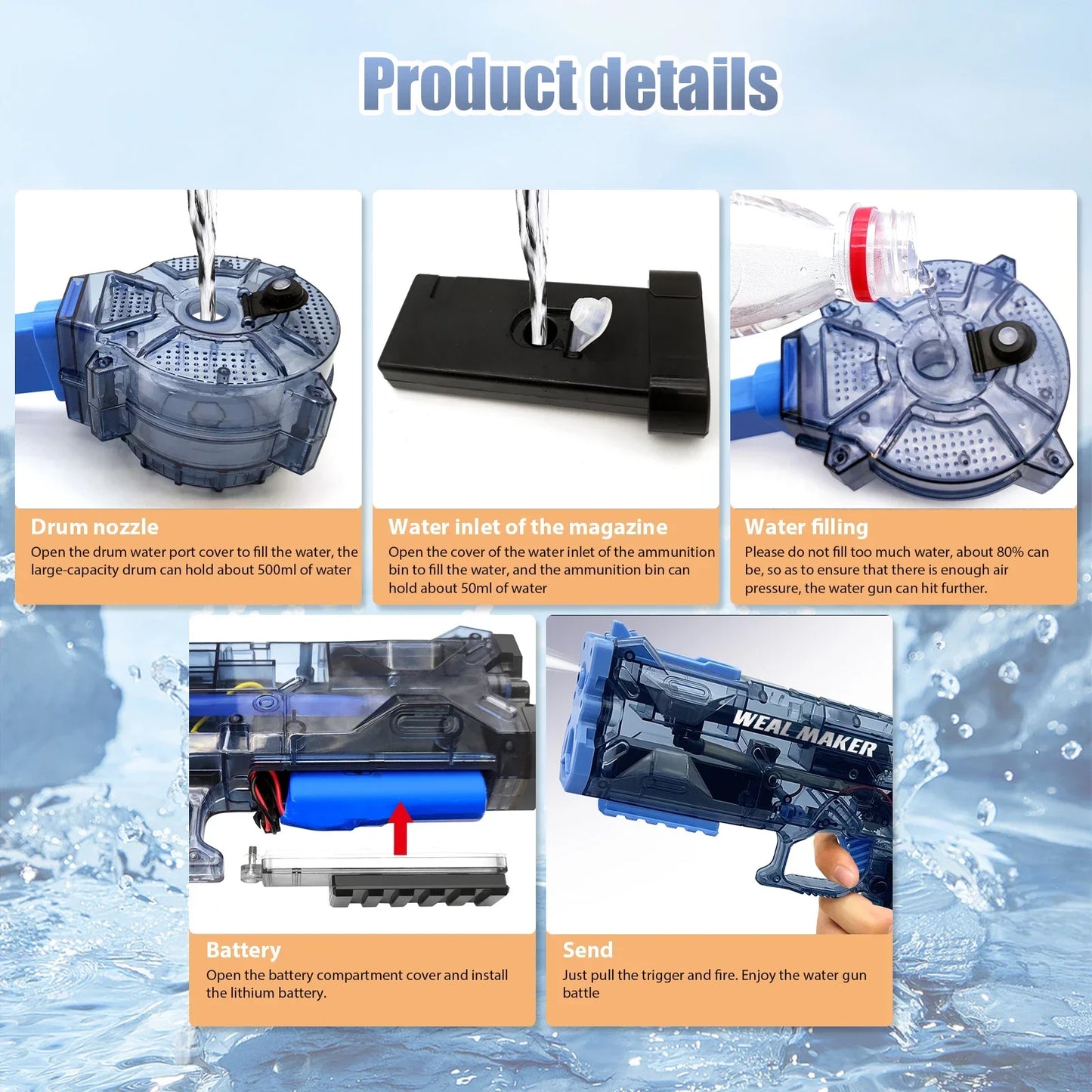 Transparent Glock Full Automatic Squirt Water Gun Spray Blaster Electric Water Pistol Toy Summer Pool Outdoor Toy for Kids Adult