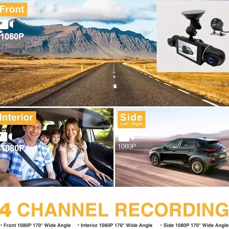 Cámara de salpicadero para coche de 1080P con GPS, WIFI, aplicación, grabadora de vídeo de 4 lentes, DVR de 360°, cámara de visión trasera, monitor de estacionamiento, caja negra, accesorios para coche