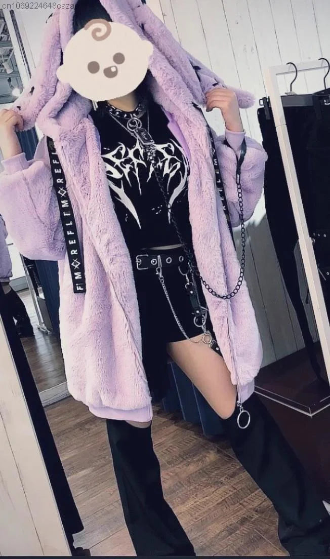 2023 Winter New Harajuku Rabbit Ear Plush Coat Y2k Clothes Soft Zipper Tops Hooded Women Gothic Punk Style Mid Length Jacket