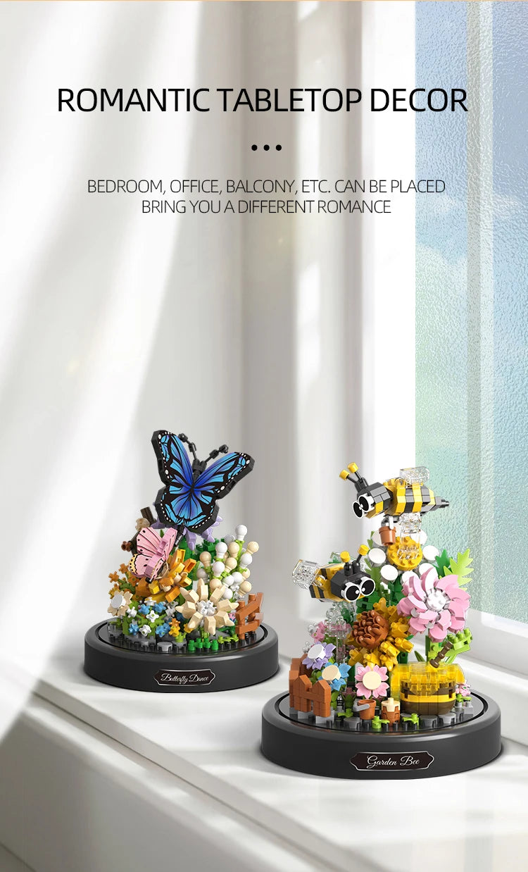 Balody Bee Butterfly Flower Bonsai Building Blocks Insect Plant Potted Model Bricks With Dust Cover DIY Toy For Kid Holiday Gift