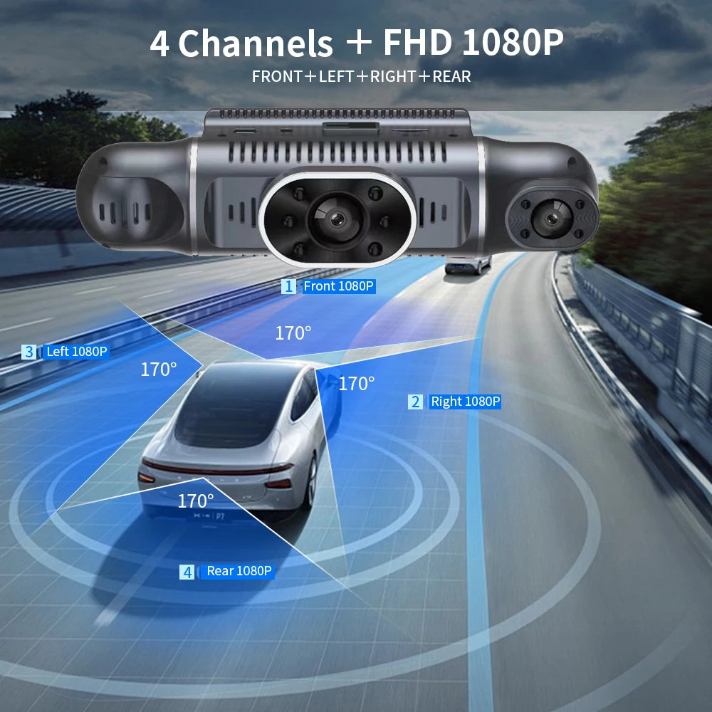 Grabadora de video DVR para automóvil de 4 lentes 1080P con control por aplicación WIFI, cámara de tablero de 360 grados, visión nocturna, cámara de visión trasera delantera izquierda y derecha para automóvil