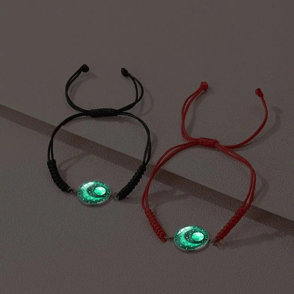 2Pcs Romantic Couple Bracelet Stainless Steel New Sun and Moon Lovers Charm Bracelet Glow in The Dark Adjustable Woven Bracelet