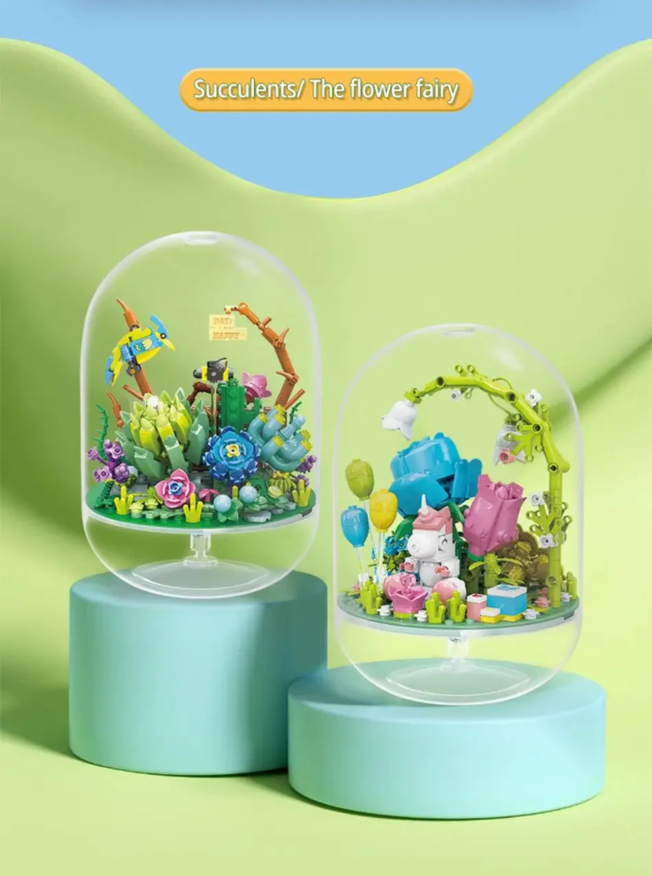 Succulent Plant Potted Building Blocks Insect Flower Model Bricks Set With Dust Cover Children's Educational Toys Adult Gifts