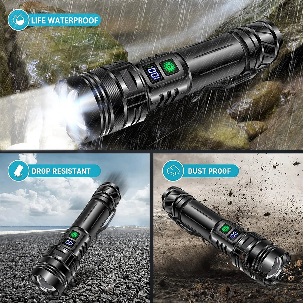 Linterna LED potente de 1000000 LM, recargable por USB, potente linterna táctica, luz de flash de alcance súper largo para pesca al aire libre