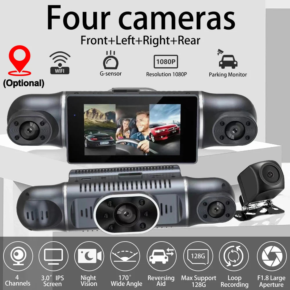 Cámara de salpicadero para coche de 1080P con GPS, WIFI, aplicación, grabadora de vídeo de 4 lentes, DVR de 360°, cámara de visión trasera, monitor de estacionamiento, caja negra, accesorios para coche
