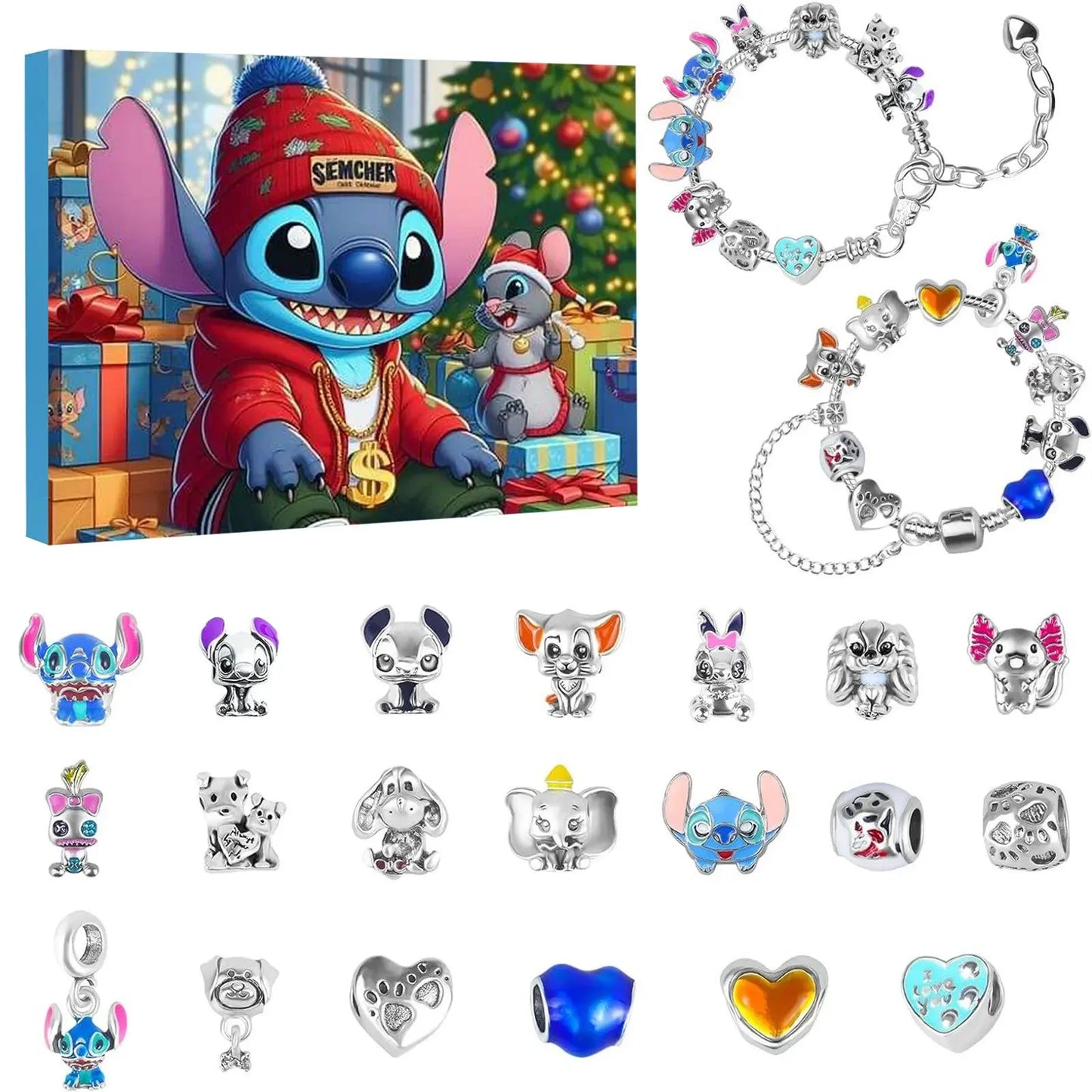 2024 Disney Christmas Angel Comes Jewelry Gift Box Anime Stitch Winnie The Pooh Mickey Kawaii DIY Beaded Bracelet Christmas Gift