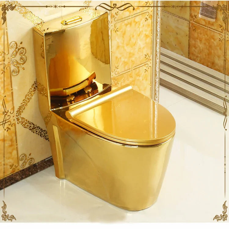 ~Venta caliente de artículos sanitarios dorados para baño, inodoro de cerámica de una pieza montado en el piso, chapado en oro