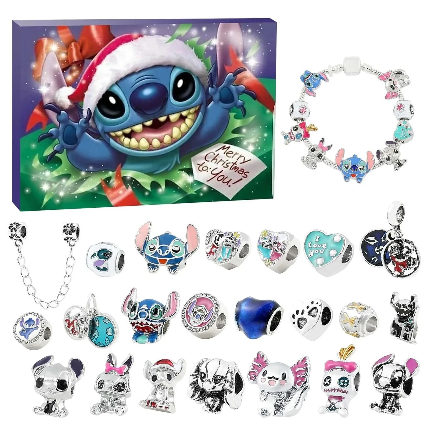 2024 Disney Christmas Angel Comes Jewelry Gift Box Anime Stitch Winnie The Pooh Mickey Kawaii DIY Beaded Bracelet Christmas Gift