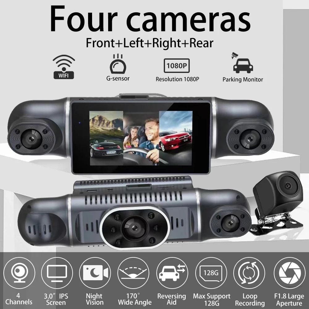 Grabadora de video DVR para automóvil de 4 lentes 1080P con control por aplicación WIFI, cámara de tablero de 360 grados, visión nocturna, cámara de visión trasera delantera izquierda y derecha para automóvil