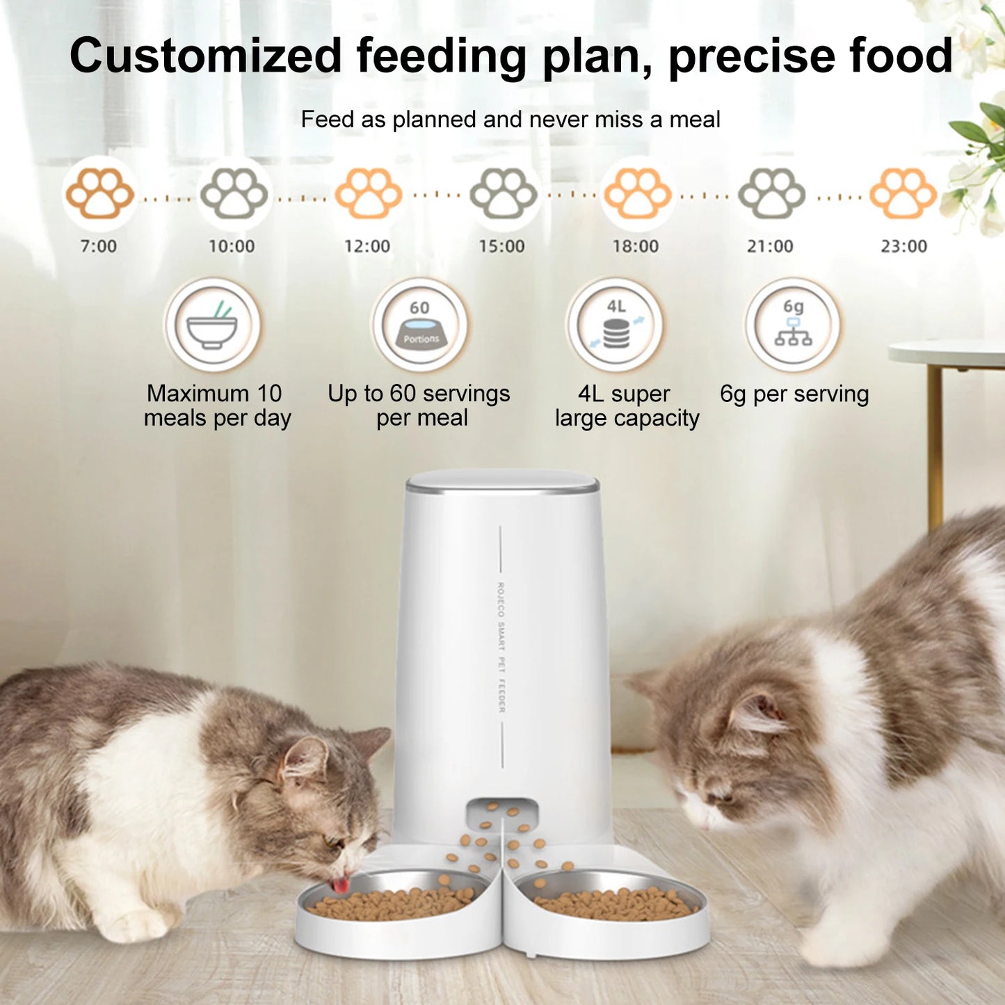 4L Automatic Smart Pet Feeder for Cats & Dogs Single/Dual Bowls Optional Stainless Steel Bowl Key/Wifi App Control