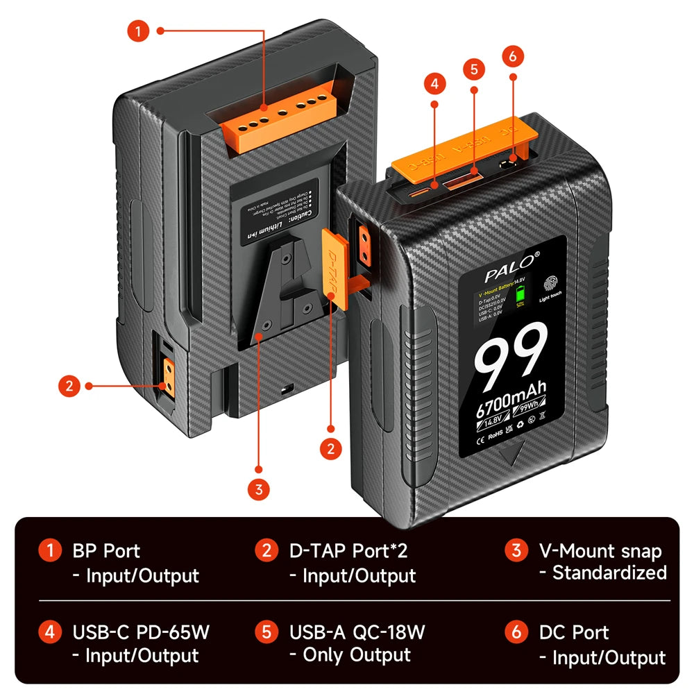 PALO BP-99 BP-199 V Mount Battery Power Bank 14.8V V Lock V Shape Li-ion Battery PD Fast Charging for cameras smartphones laptop