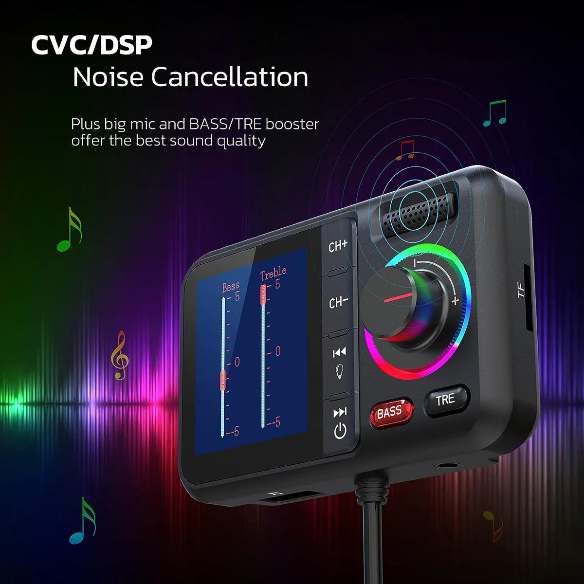 Transmisor FM inalámbrico con pantalla grande a color, 2,4 A, QC3.0, carga rápida USB dual, llamadas manos libres, adaptador auxiliar para automóvil, reproductor de música MP3