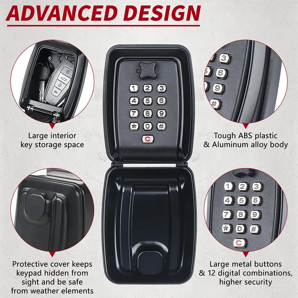 Wall Mounted Key Storage Safe Waterproof Anti-theft Key Box With Combination Lock 12-Digital Password Office Home Outdoor Use