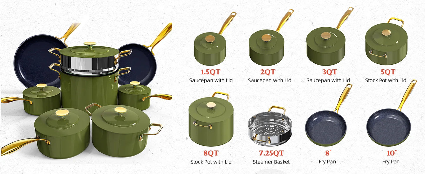Nuwave Lux LE 13-Pc Cookware Set with Elegant Gold Handle Diamond Infused Ceramic Non-Stick PFAS Free Premium Metal Lids Avocado