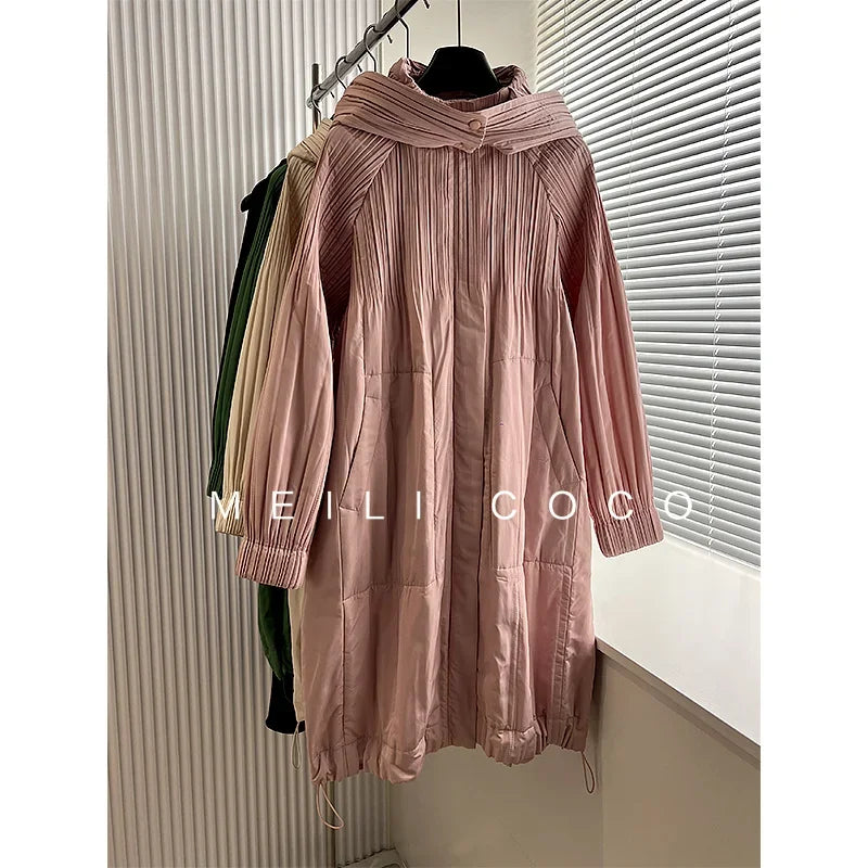 ALSEY Miyake Pleated Solid Collar Hooded Fashion Women's Jacket 2024 Autumn Winter New Long-sleeved Slim Lengthened Windbreaker