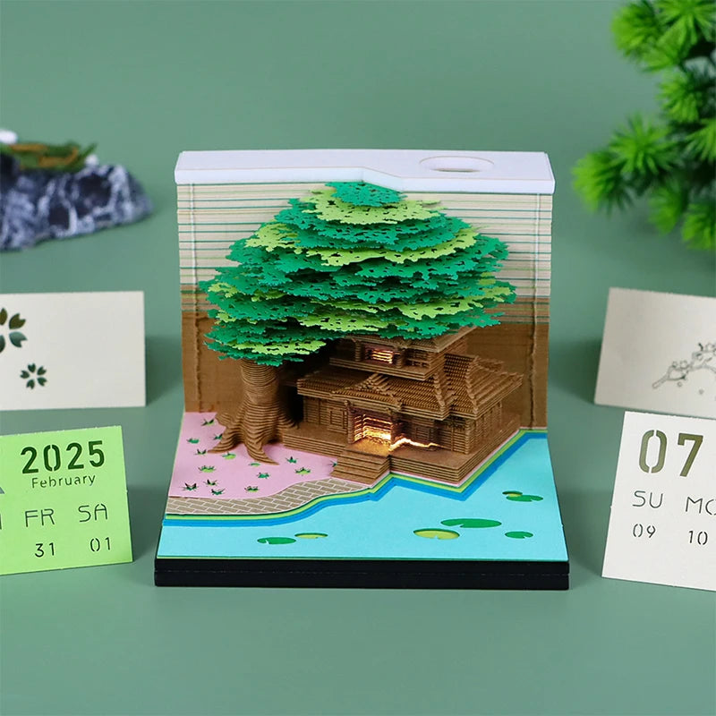 Tree Desk Calendar With LED Lights 2025 Calendar Memo Pad Creative Desk Calendar DIY Notes Notepad 3D Art Calendar Paper Carving