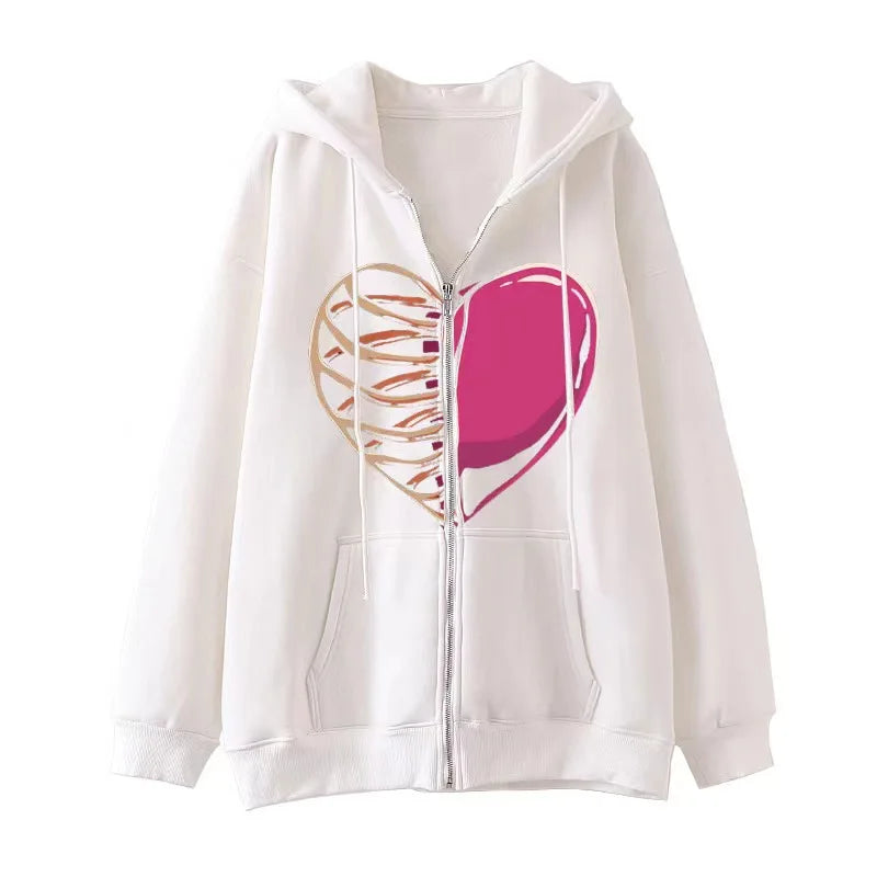 American retro street dark skeleton black fashionable loose zipper hooded sweatshirt for men and women Harajuku casual