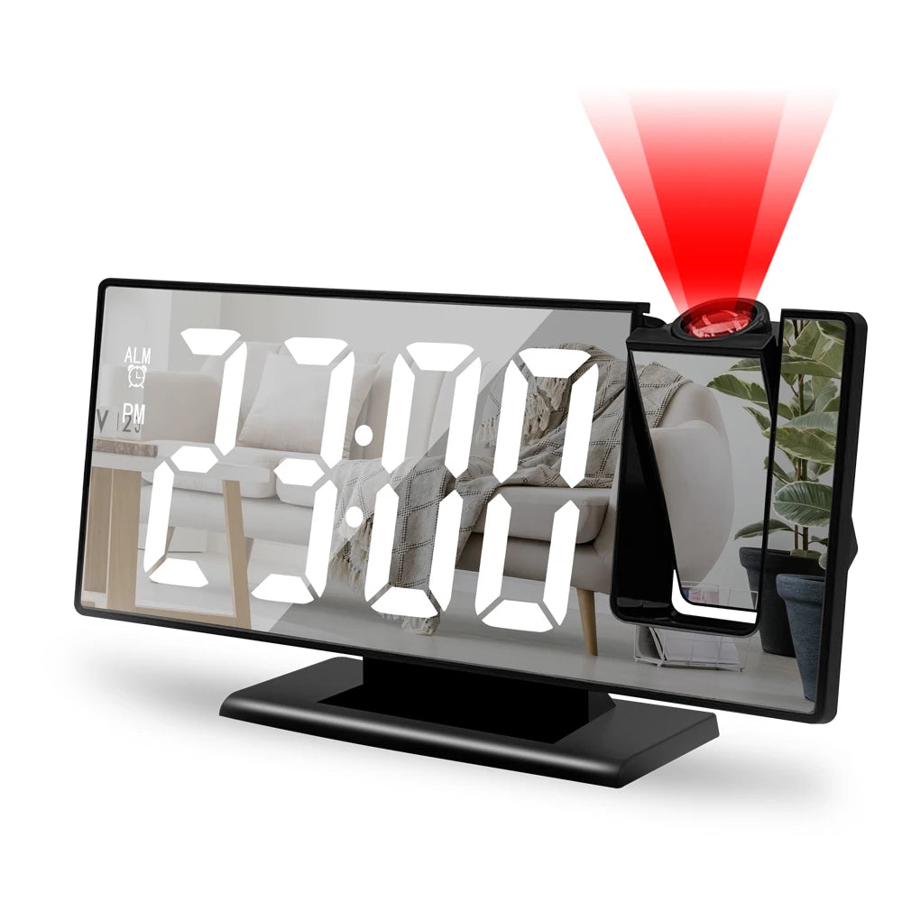 USB Powered Digital Alarm Clock 180° Arm Projection Alarm Clock Time Temperature Snooze Table Clock 12/24H Projector LED Clock