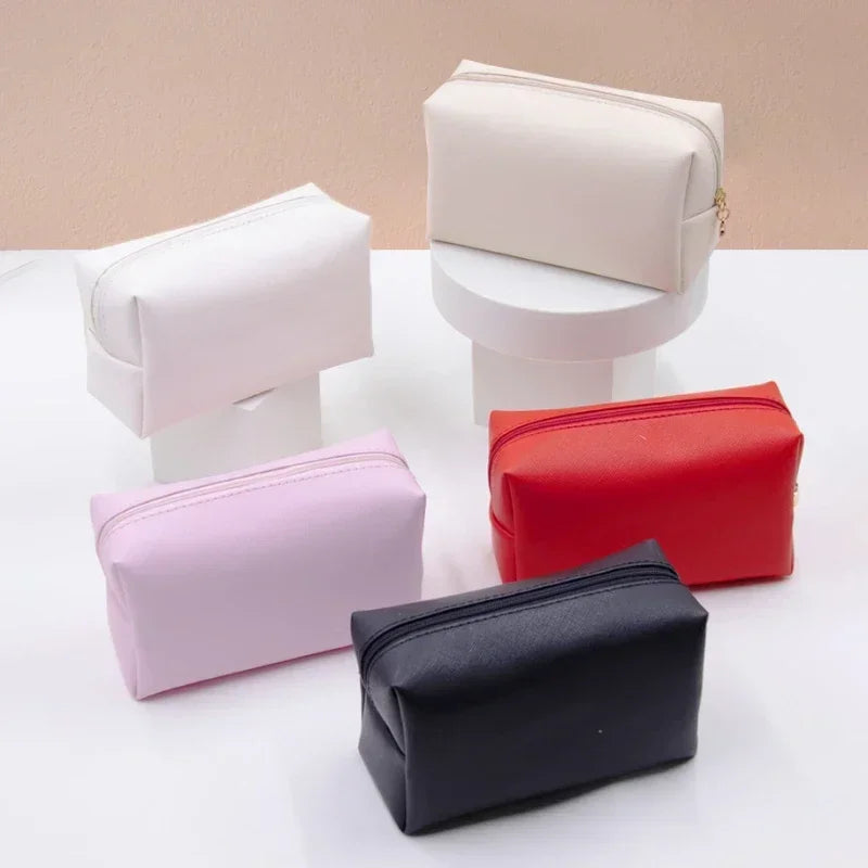 Women Cosmetic Bag Waterproof PU Leather Solid Color Makeup Pouch Travel Portable Wash Toiletry Storage Bag Organizer Purse 2025