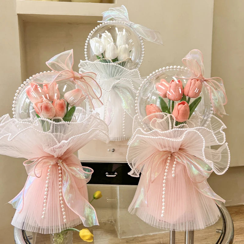 Artificial Flower Tulip Bouquet 5Heads Real Touch Fake Flower Wedding Birthday Party Decoration Mother's Day Pearl Bouquet Gifts