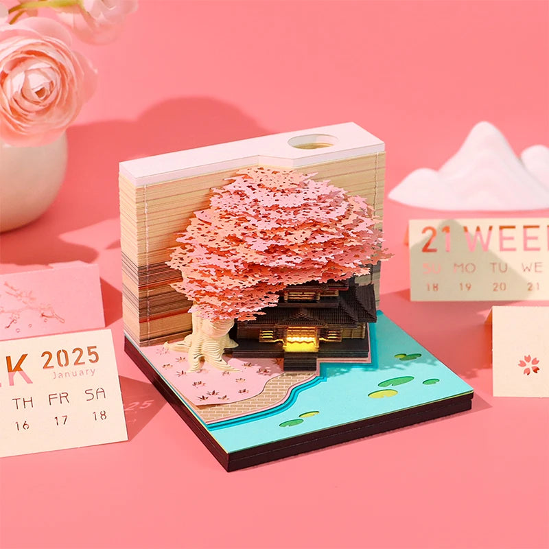 Tree Desk Calendar With LED Lights 2025 Calendar Memo Pad Creative Desk Calendar DIY Notes Notepad 3D Art Calendar Paper Carving