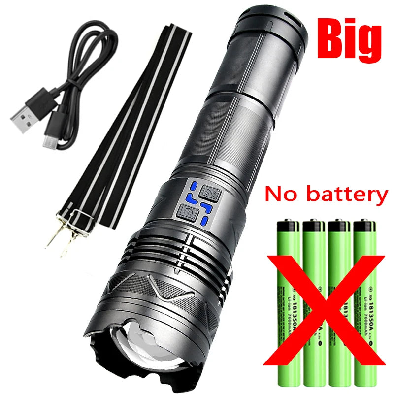 Linterna LED potente GT60 de 100 W, linterna táctica de largo alcance con pantalla de potencia, linterna con zoom recargable por USB para acampar al aire libre