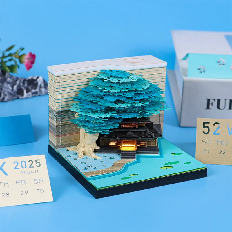 Tree Desk Calendar With LED Lights 2025 Calendar Memo Pad Creative Desk Calendar DIY Notes Notepad 3D Art Calendar Paper Carving