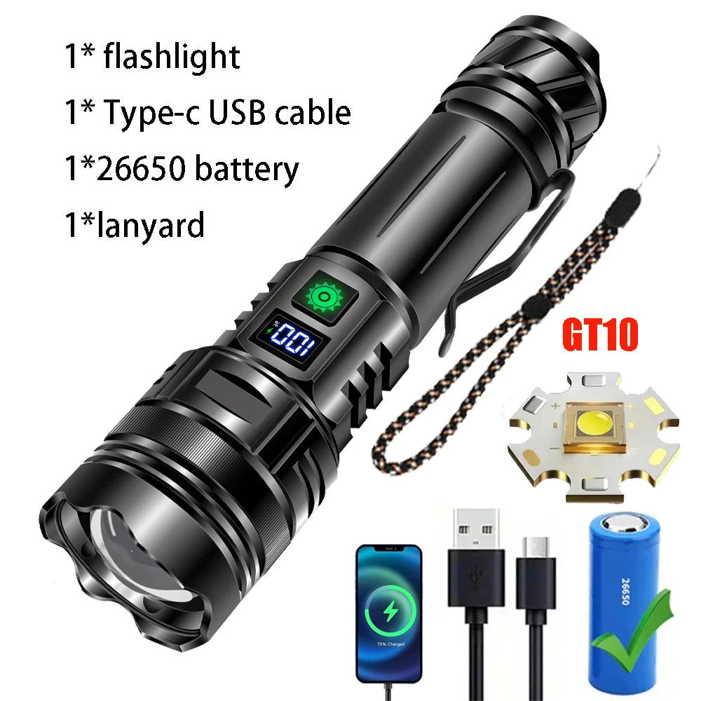 Linterna LED potente de 1000000 LM, recargable por USB, potente linterna táctica, luz de flash de alcance súper largo para pesca al aire libre
