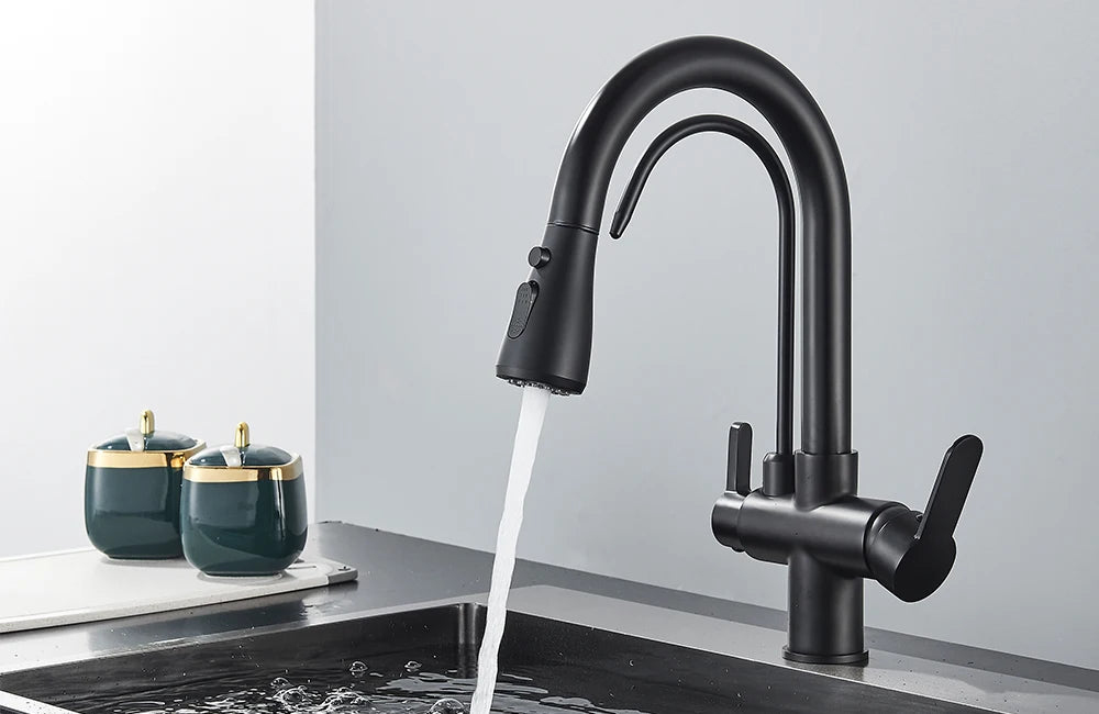 Grifo de cocina con filtro negro extraíble con rotación de 360 grados y grifo mezclador de fregadero de tres vías