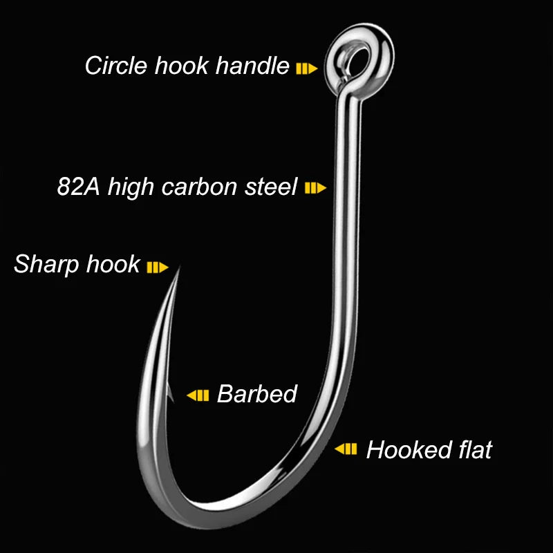 50pcs/Pack Big Eye Fishing Hook Circle Offset Fishhooks Barbed Saltwater High Carbon Steel Fish Hooks For Sea Lake River Fishing