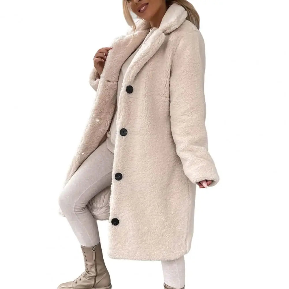 Trendy Women Overcoat Autumn Winter Women Trench Coat Long Style Pure Color Single-breasted Teddy Jacket Windproof