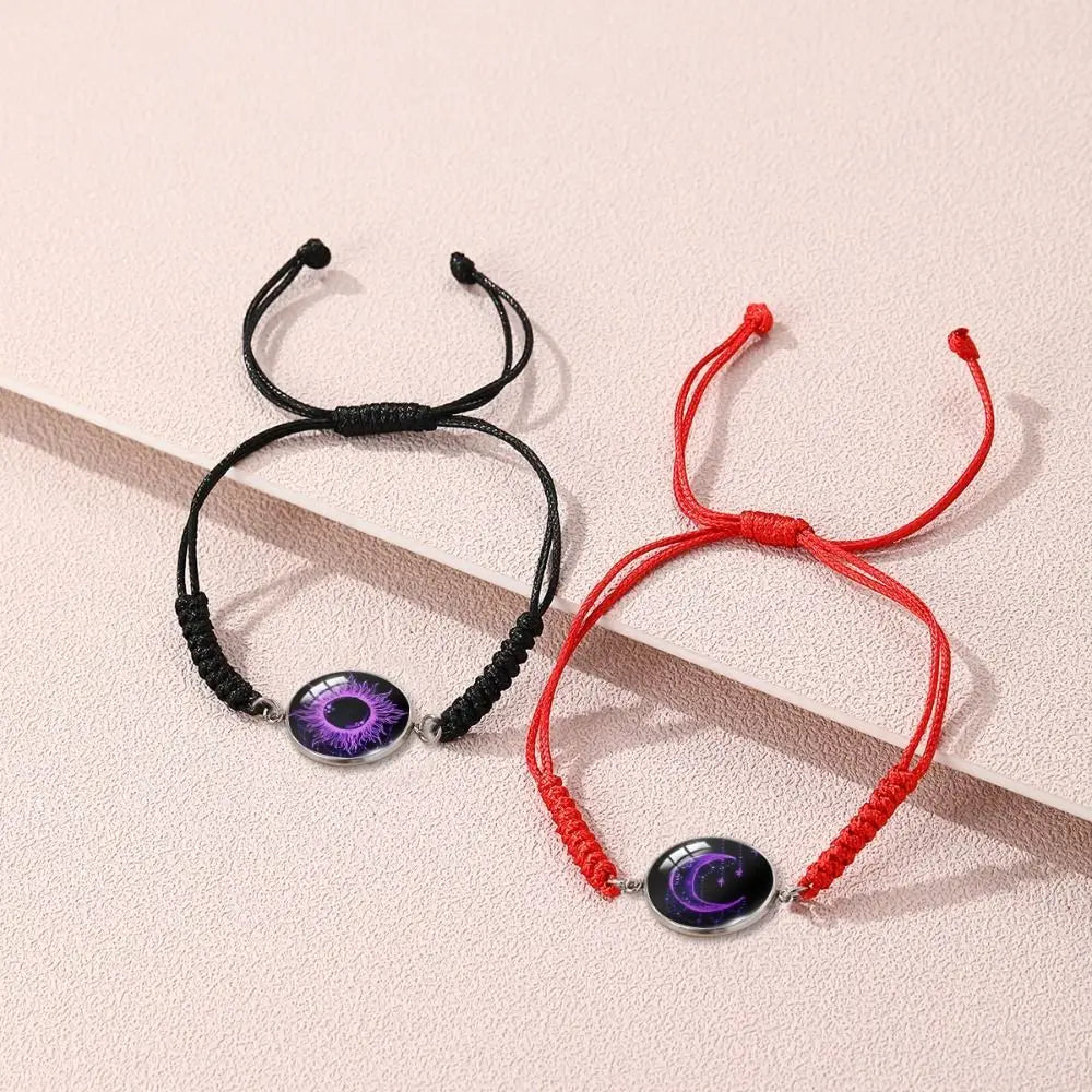 2Pcs Romantic Couple Bracelet Stainless Steel New Sun and Moon Lovers Charm Bracelet Glow in The Dark Adjustable Woven Bracelet