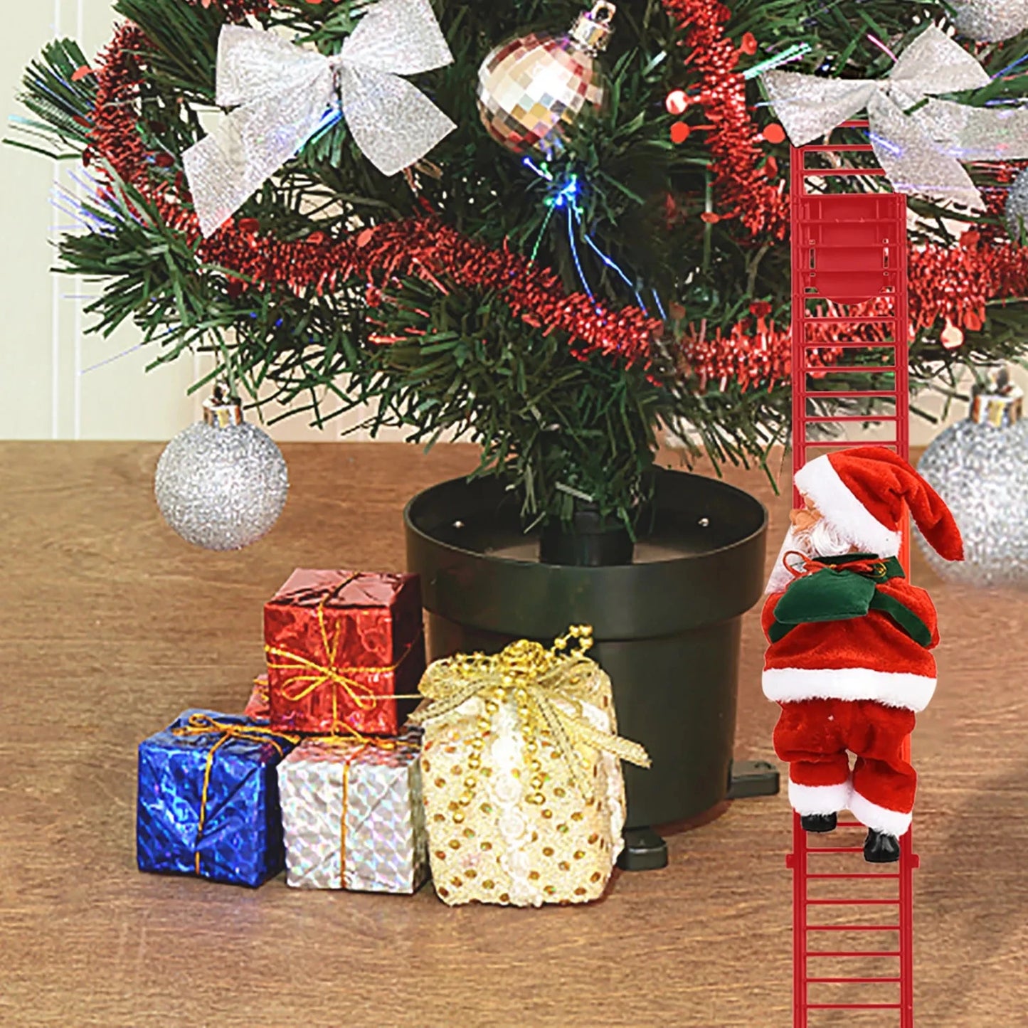 2024 Electric Climbing Ladder Santa Claus with Music & LED Light, Xmas Tree Decorations Hanging Christmas Ornaments Tree Decor