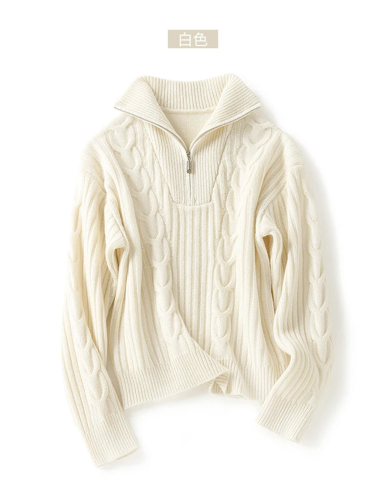 Thick Sweater Women High Quality100% Cashmere Warm Winter Long Sleeve Top Turn-down Collar Zipper Vintage Pullover