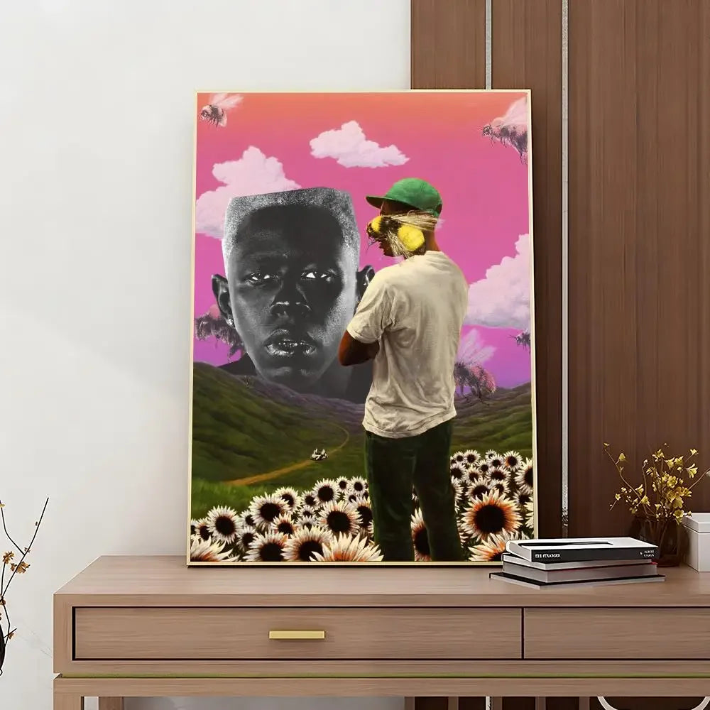 1 póster con impresión retro de Tyler The Creator, cantante y rapero, adhesivo HD resistente al agua para dormitorio, entrada, hogar, sala de estar, decoración de pared