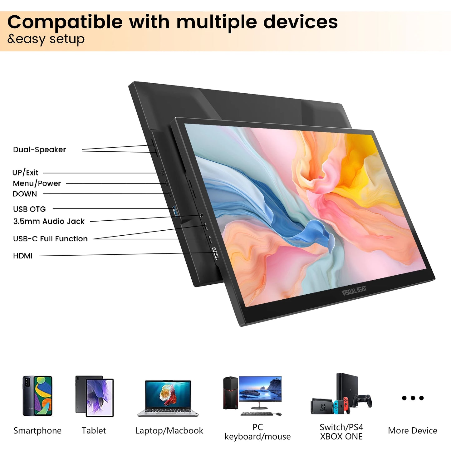 Visual Beat Portable Touch Screen Monitor 17.3'' 1080P FHD IPS USB-C Display with USB 2.0, HDMI, Dual Speakers for Laptop PC