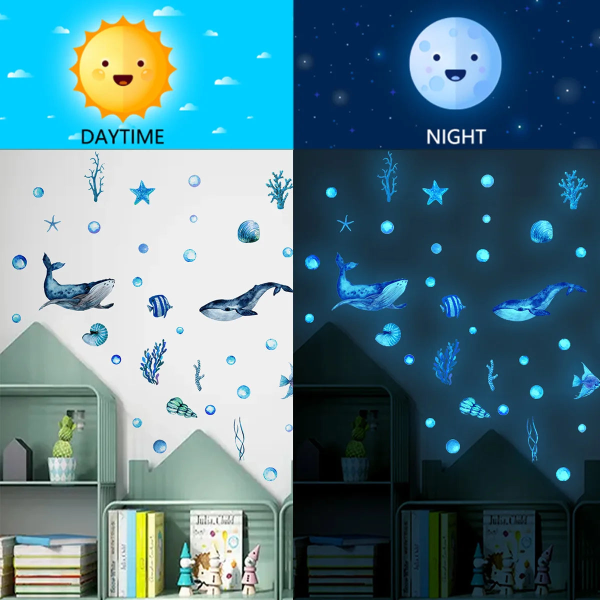 1 juego de pegatinas de pared luminosas de animales marinos azules autoadhesivas a prueba de fecha y desmontables para decoración de habitación de niños