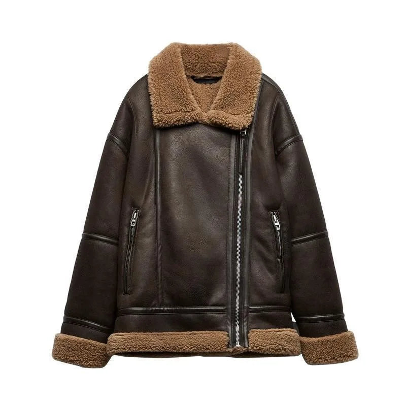 Chaqueta cálida de lana de cordero para mujer de ZBZA, abrigo de piel gruesa de estilo vintage con solapa y cremallera y manga larga con bolsillo, abrigo elegante de invierno