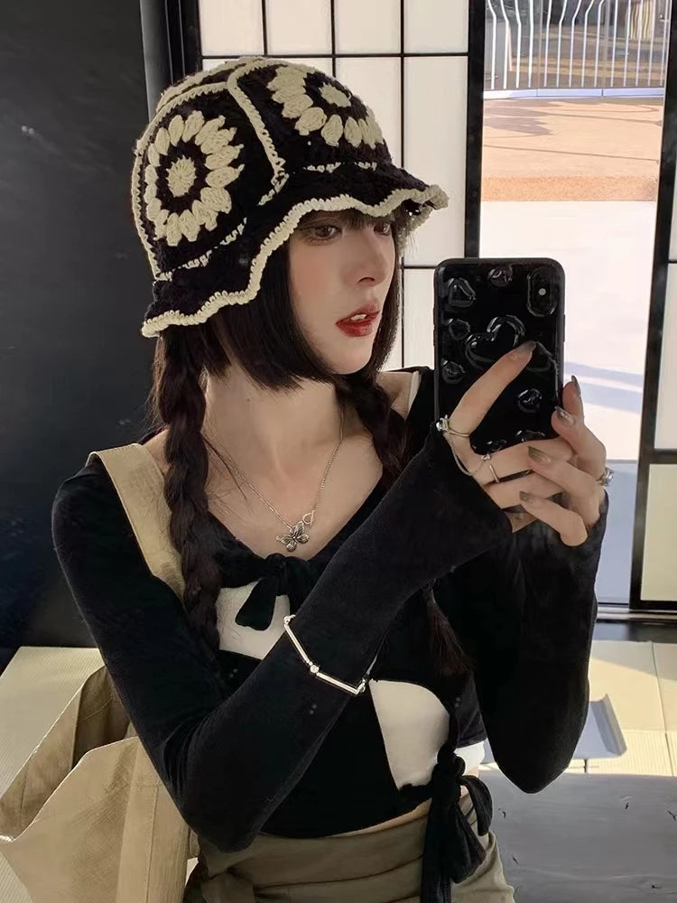 2022 New Korean-Japanese Hand Buckle Crochet Bucket Hat Spring and Autumn Winter Sun Hat Female Cherry Designer Bob Basin Hat
