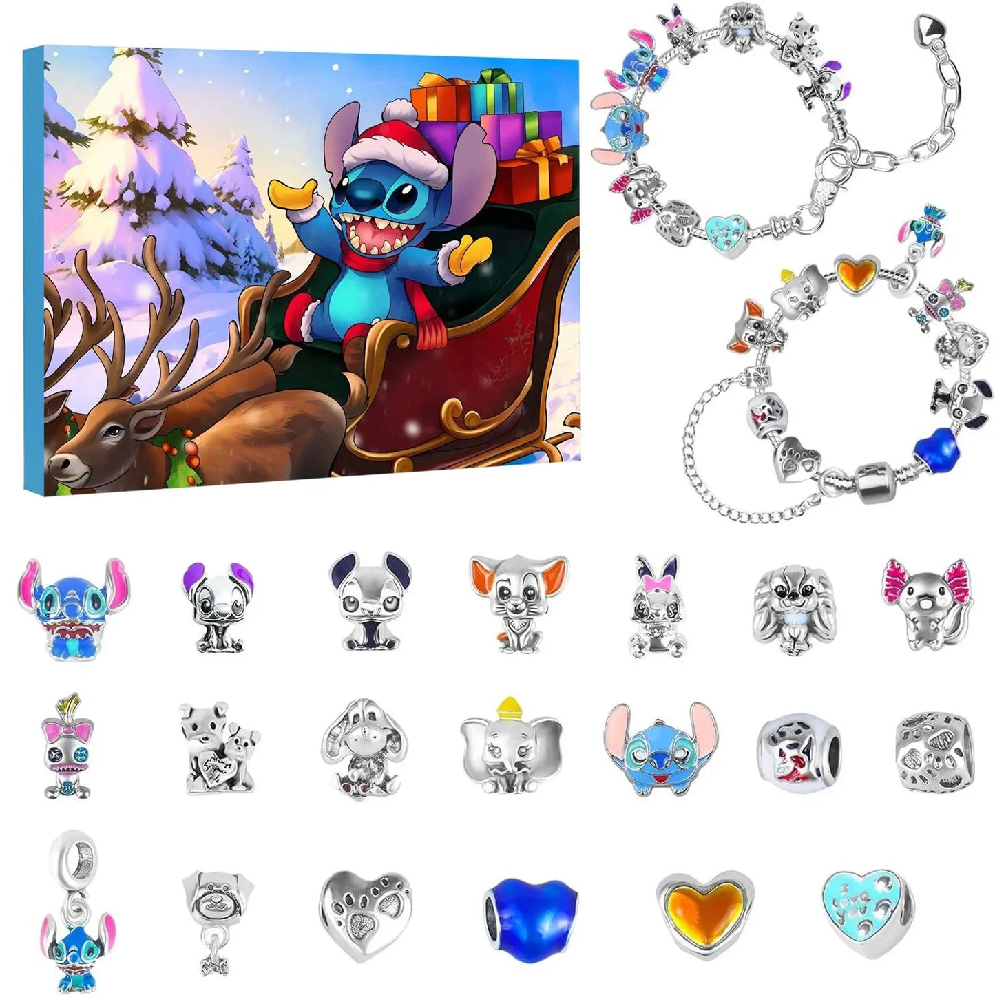 2024 Disney Christmas Angel Comes Jewelry Gift Box Anime Stitch Winnie The Pooh Mickey Kawaii DIY Beaded Bracelet Christmas Gift