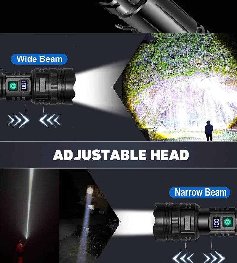 Linterna LED potente de 1000000 LM, recargable por USB, potente linterna táctica, luz de flash de alcance súper largo para pesca al aire libre