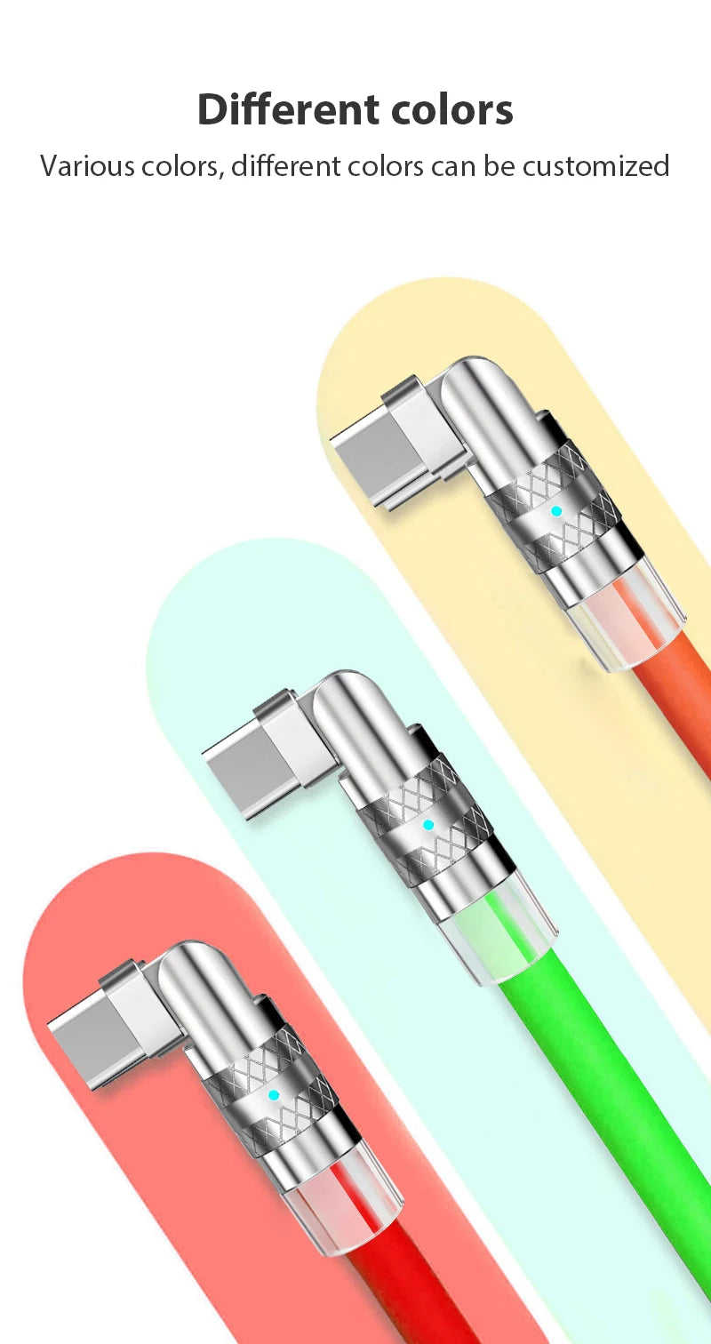 120W Usb Type C Fast Charge Cable 180 Degree Elbow Rotation Type C-Lightning Zinc Alloy Liquid Silicone Data Cable with Light