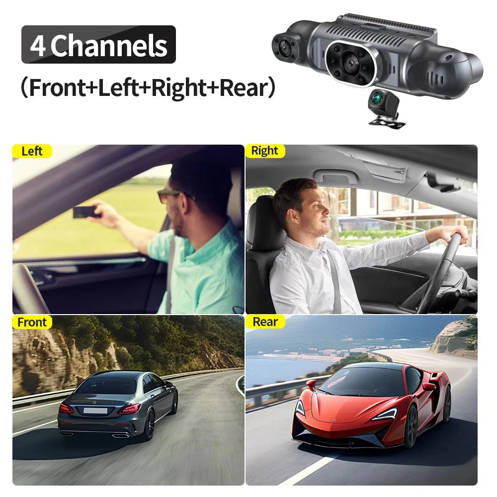 Cámara de salpicadero para coche de 1080P con GPS, WIFI, aplicación, grabadora de vídeo de 4 lentes, DVR de 360°, cámara de visión trasera, monitor de estacionamiento, caja negra, accesorios para coche