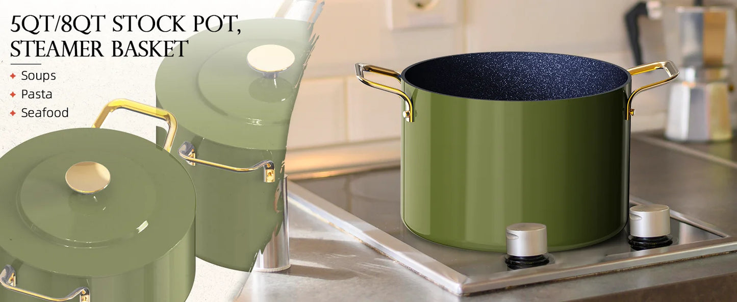 Nuwave Lux LE 13-Pc Cookware Set with Elegant Gold Handle Diamond Infused Ceramic Non-Stick PFAS Free Premium Metal Lids Avocado