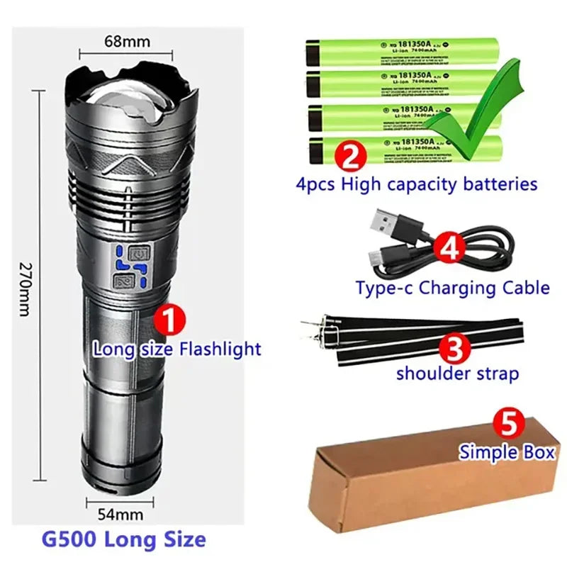Powerful GT60 LED Flashlight Super Bright Long Range Torch Rechargeable Most Powerful Outdoor Tactical Hand Lamp Camping Lantern