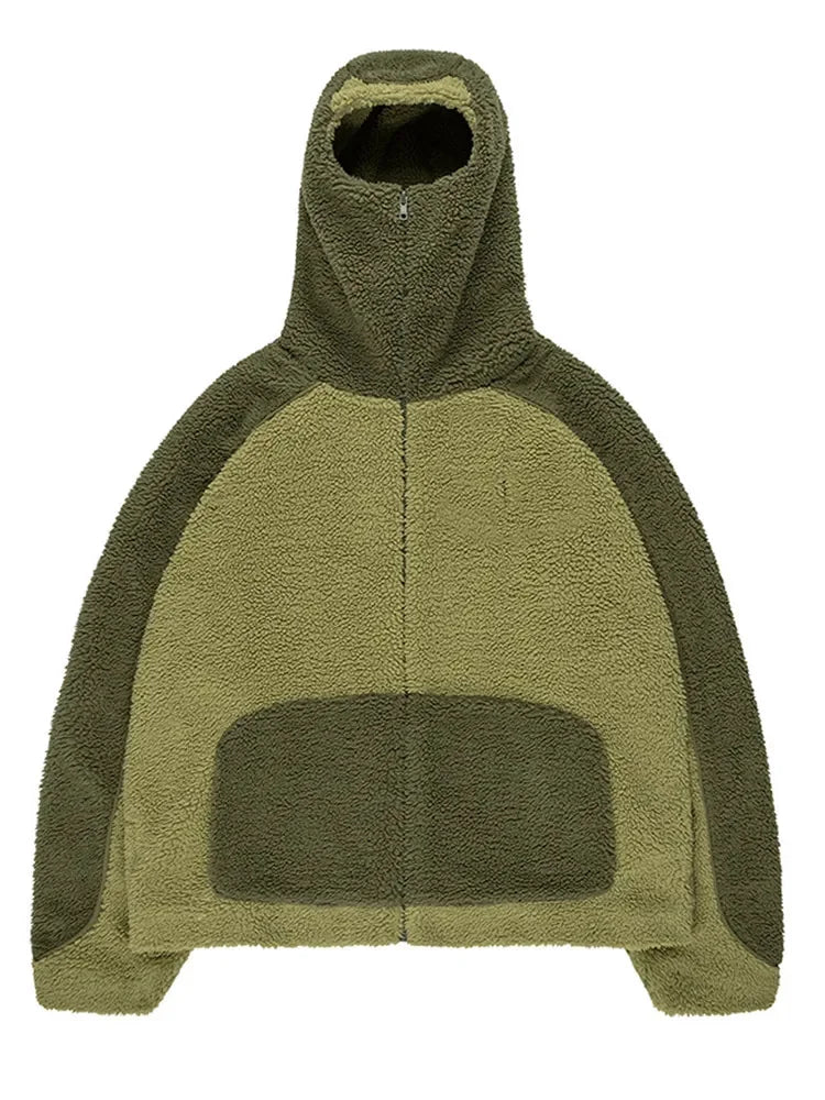 Autumn Winter Lamb Wool Fashion Loose Men's Jacket Contrast Patchwork Hooded Zipper Coat Plush Thicking Warm Couple Clothing