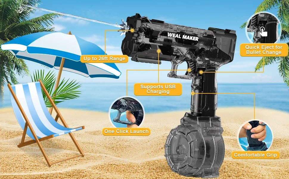 Transparent Glock Full Automatic Squirt Water Gun Spray Blaster Electric Water Pistol Toy Summer Pool Outdoor Toy for Kids Adult
