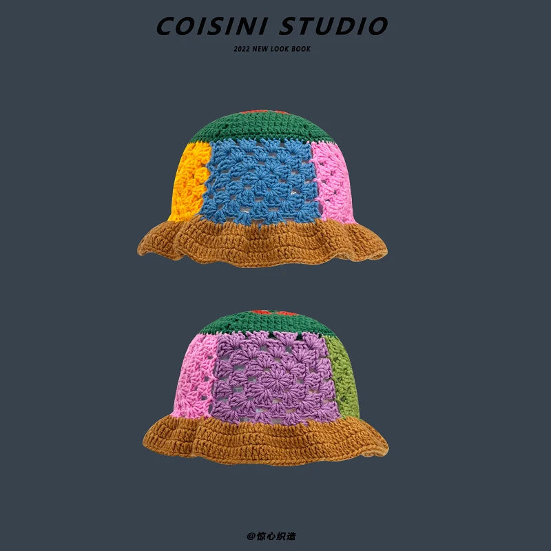 2022 New Korean-Japanese Hand Buckle Crochet Bucket Hat Spring and Autumn Winter Sun Hat Female Cherry Designer Bob Basin Hat